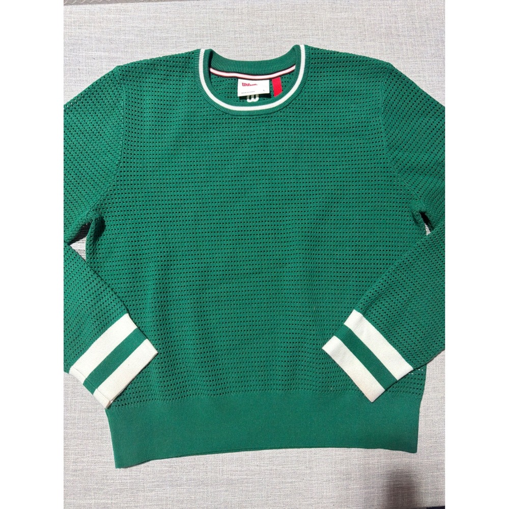 Wilson Womens Green Athletic Knit Sweater Crew Neck Striped Cuff Size Large